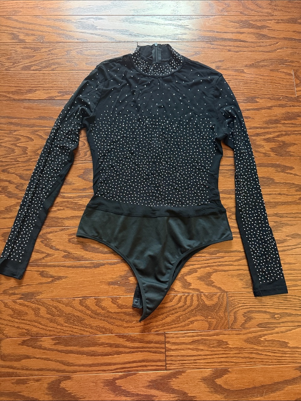 Black Long-Sleeve Rhinestone High-Neck Bodysuit